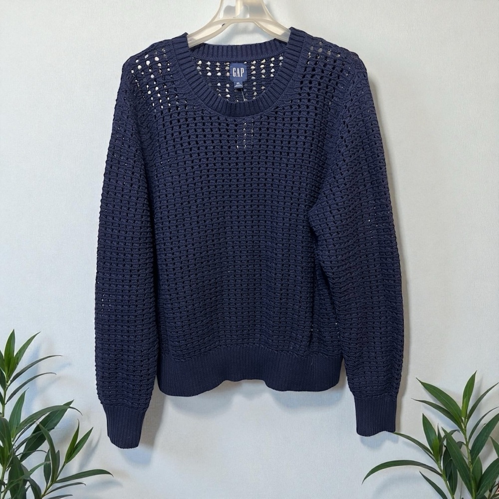Gap Crochet Navy Blue Long Sleeve Crew Neck Loose Knit Sweater Size XL 16/18 - Picture 4 of 8
